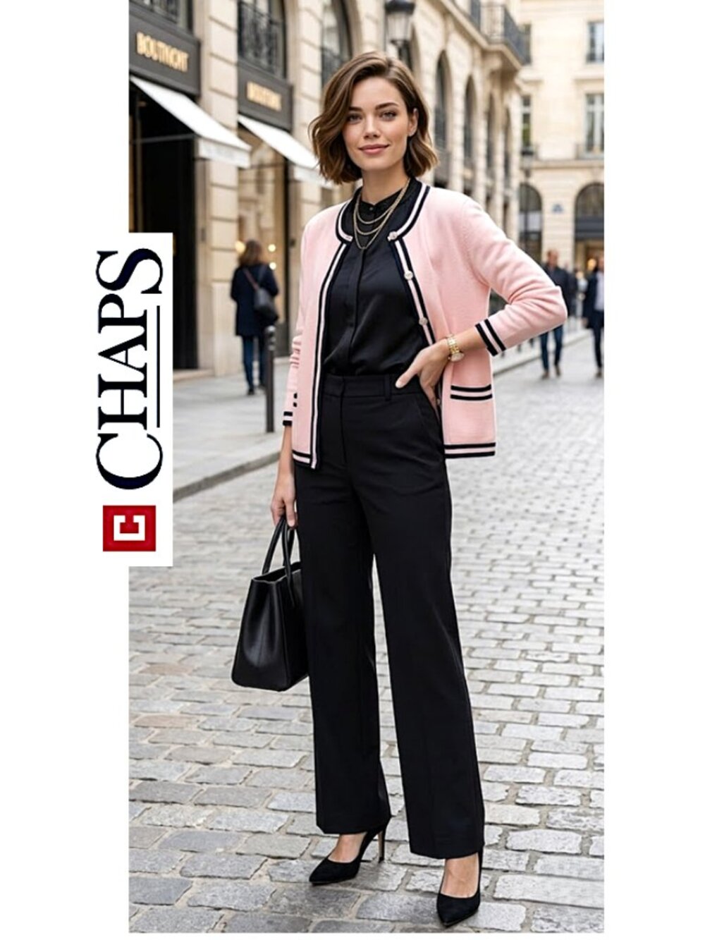 CHAPS - 100% cotton pink button up cardigan with navy striped trim detail